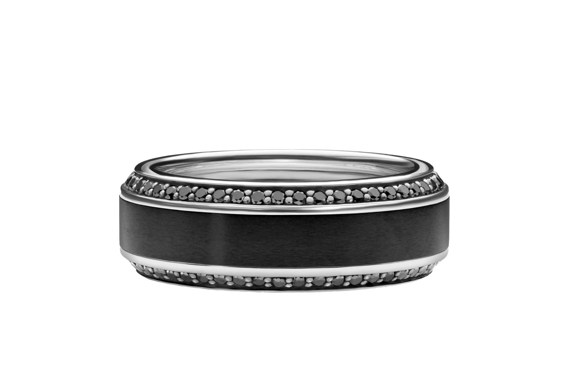 Black and silver ring with textured edges on a white background.