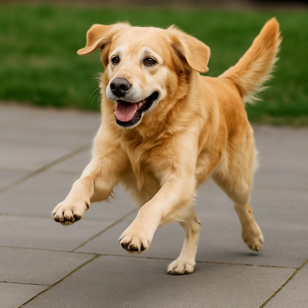 Golden retriever running on a paved path with grass in the background.