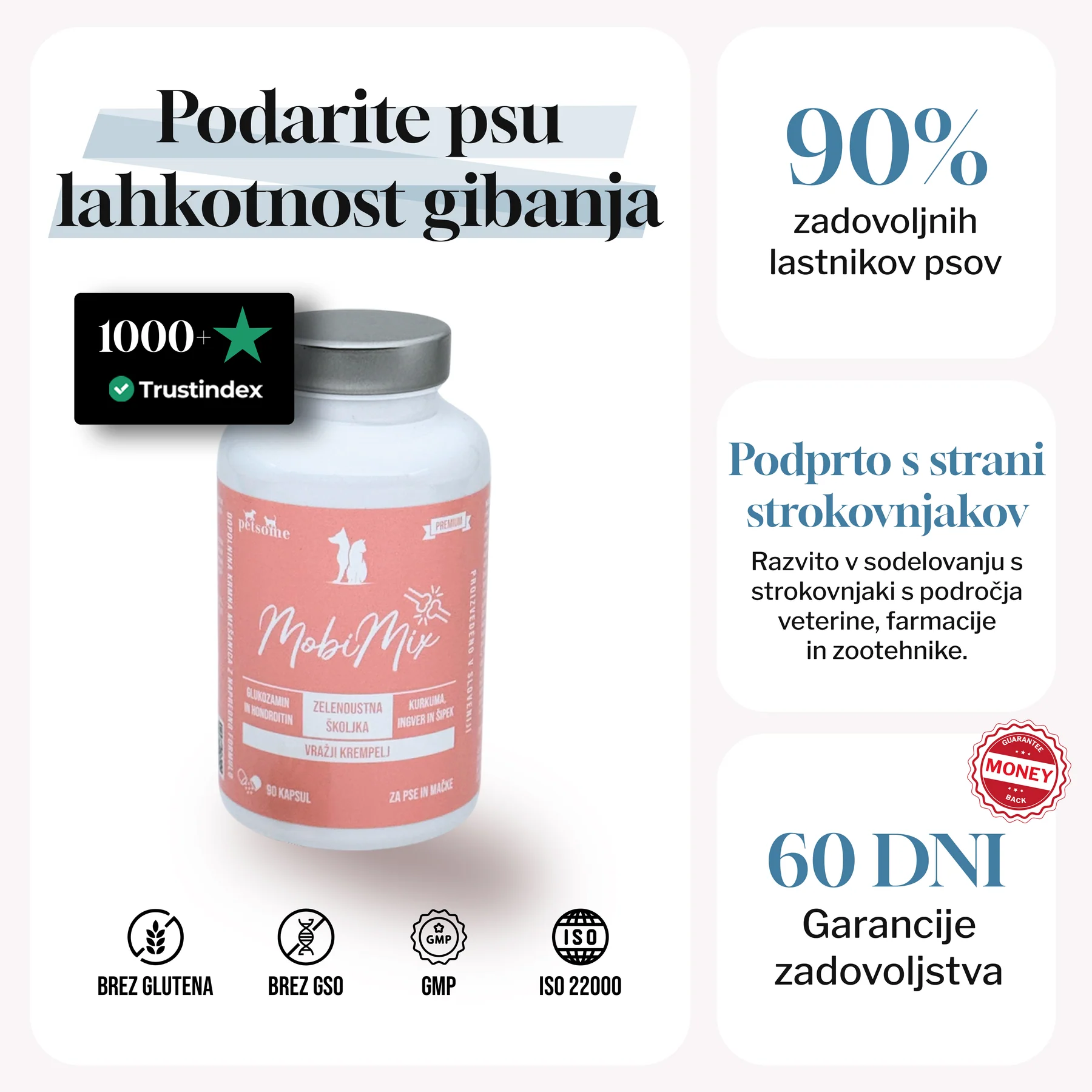Promotional image for dog supplement with product details and satisfaction guarantee.