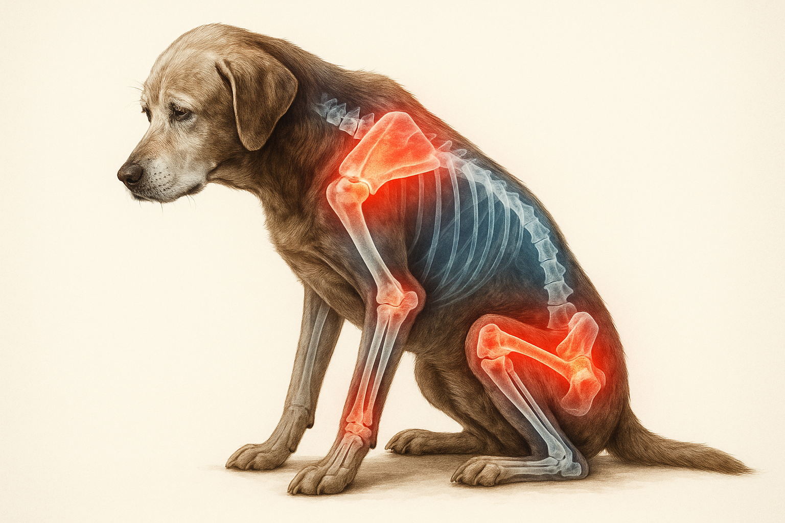 Dog with highlighted skeletal structure showing inflammation in joints.