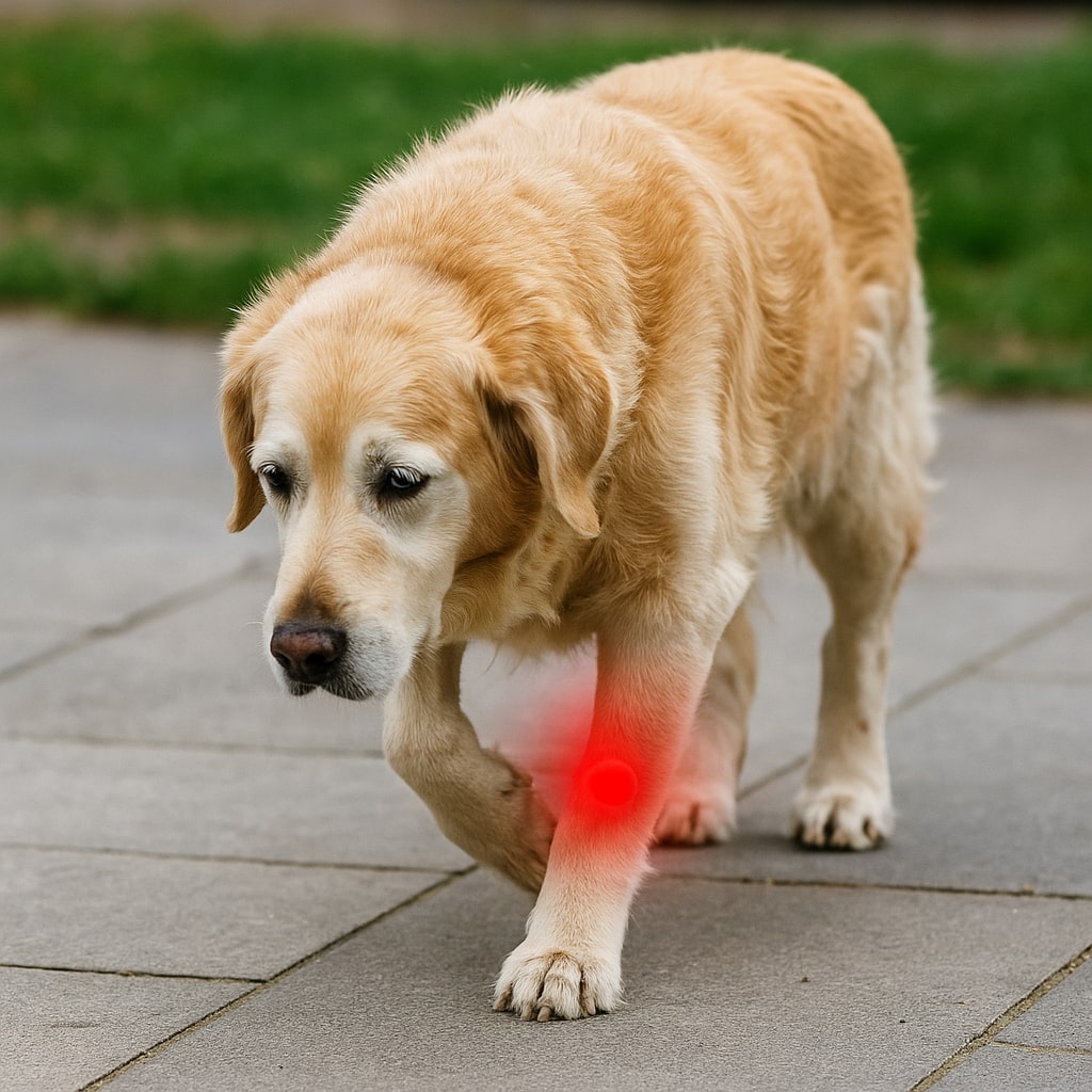 Golden retriever walking with a red spot on its front leg.