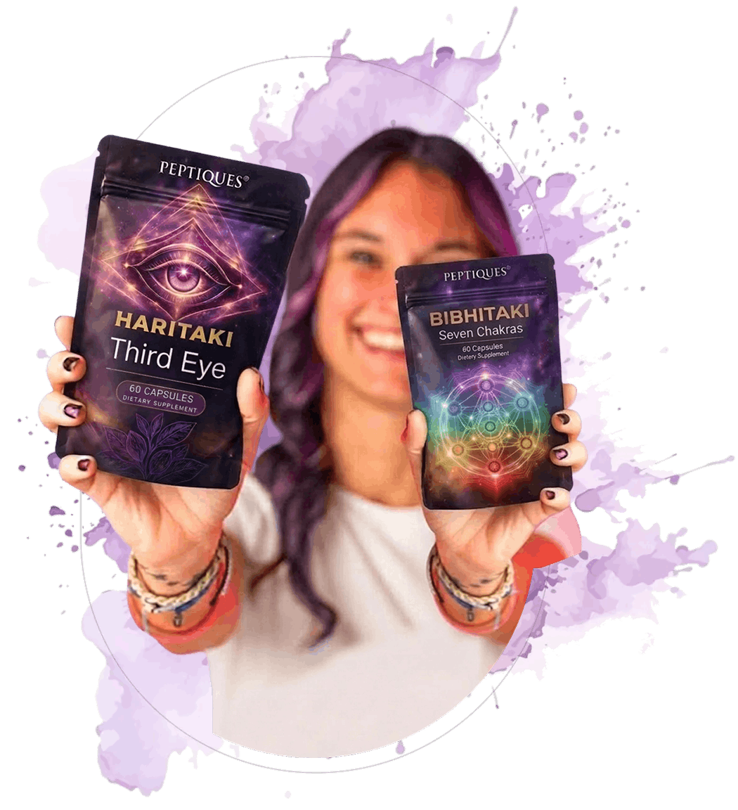 A smiling woman holds up two pouches of Peptiques dietary supplements: Haritaki Third Eye and Bibhitaki Seven Chakras.