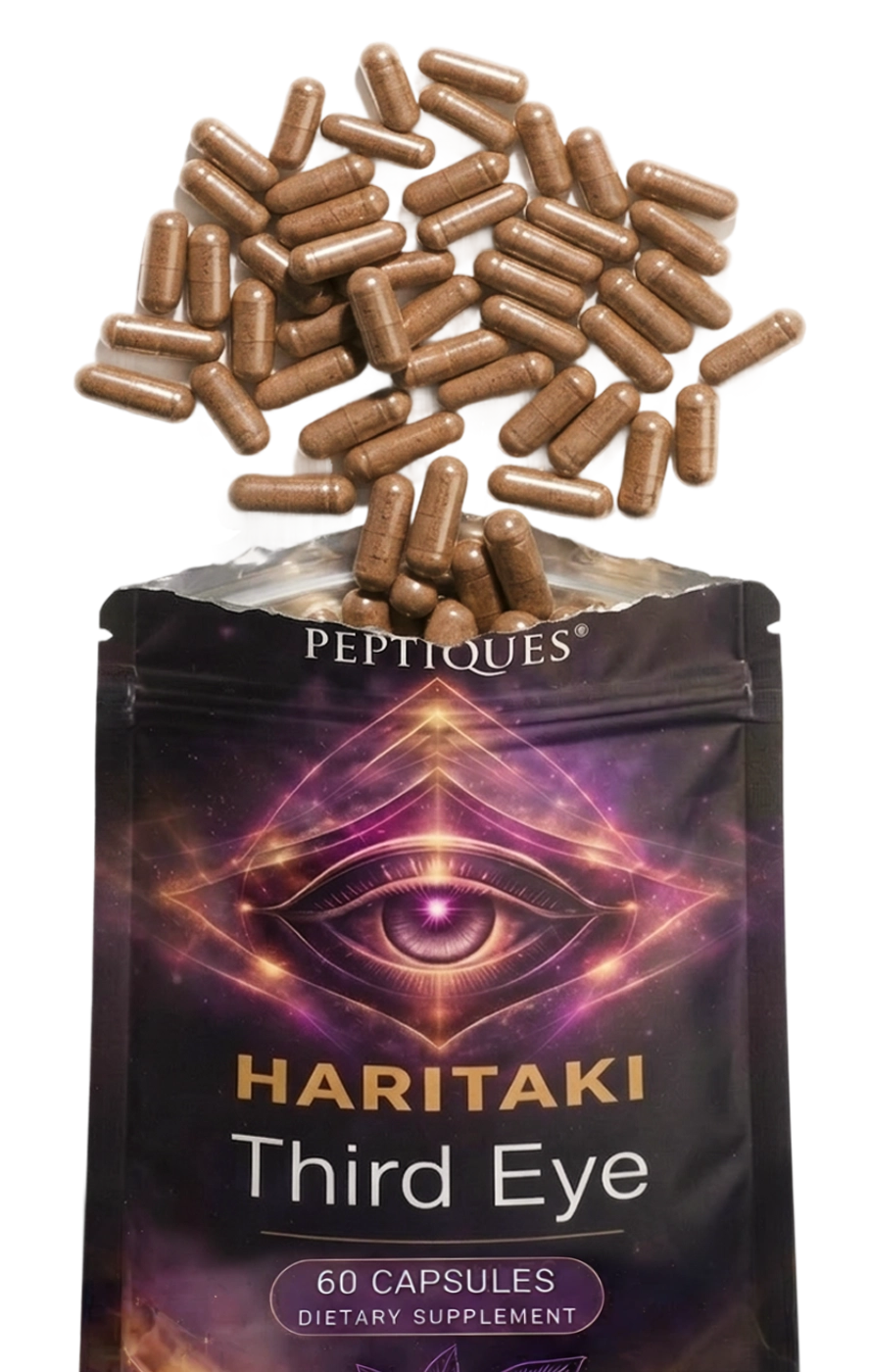An open pouch of Peptiques Haritaki Third Eye dietary supplement, with brown capsules spilling out onto a white surface.