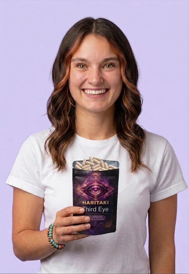 A smiling woman in a white t-shirt holds a pouch of Haritaki Third Eye capsules against a lavender background.
