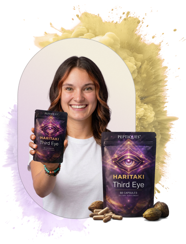 A smiling woman holds up a pouch of Peptiques Haritaki Third Eye dietary supplement.