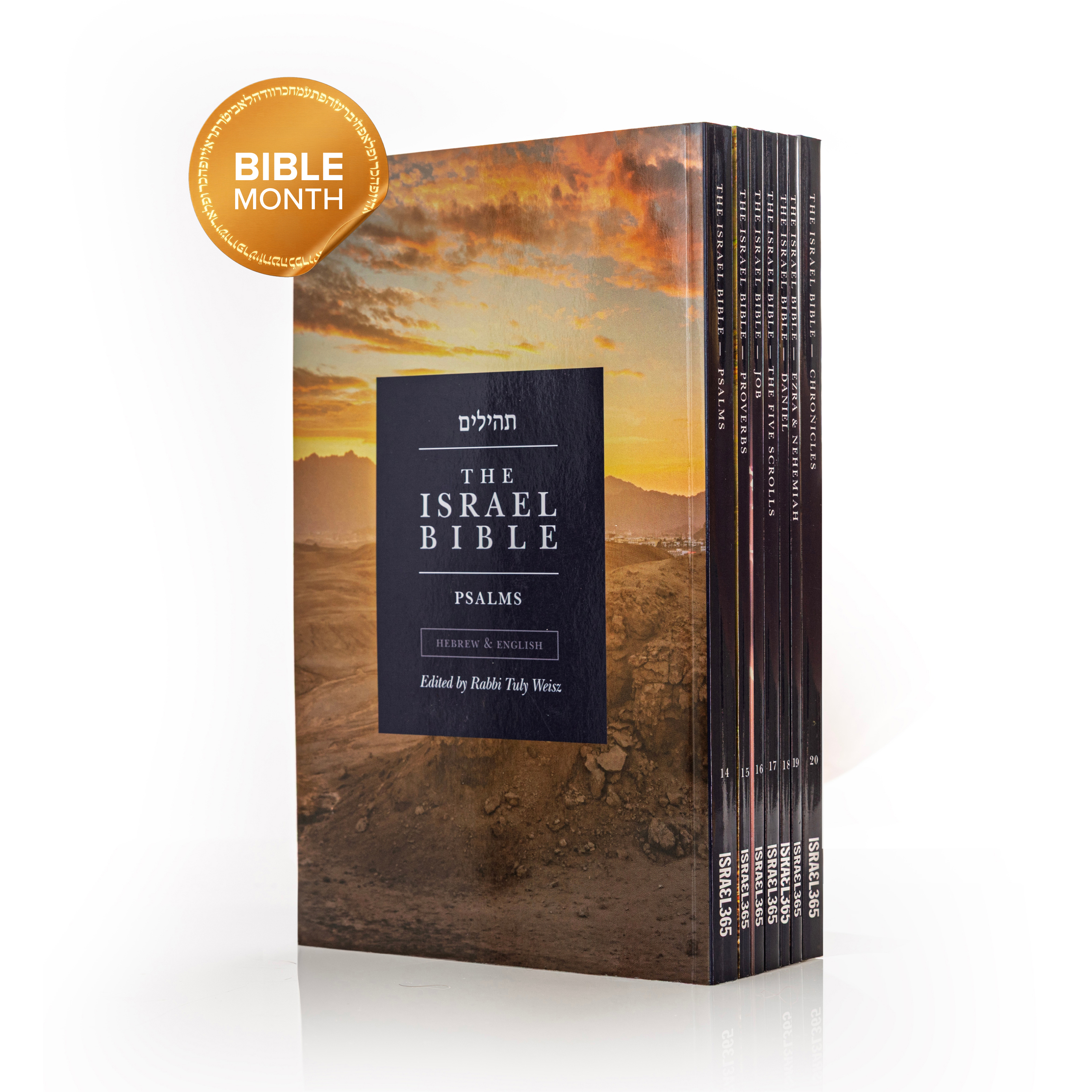 A boxed set of books titled The Israel Bible with a 'Bible Month' sticker against a white background.