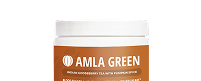 A jar labeled 'AMLA GREEN' with a white lid on a black background.