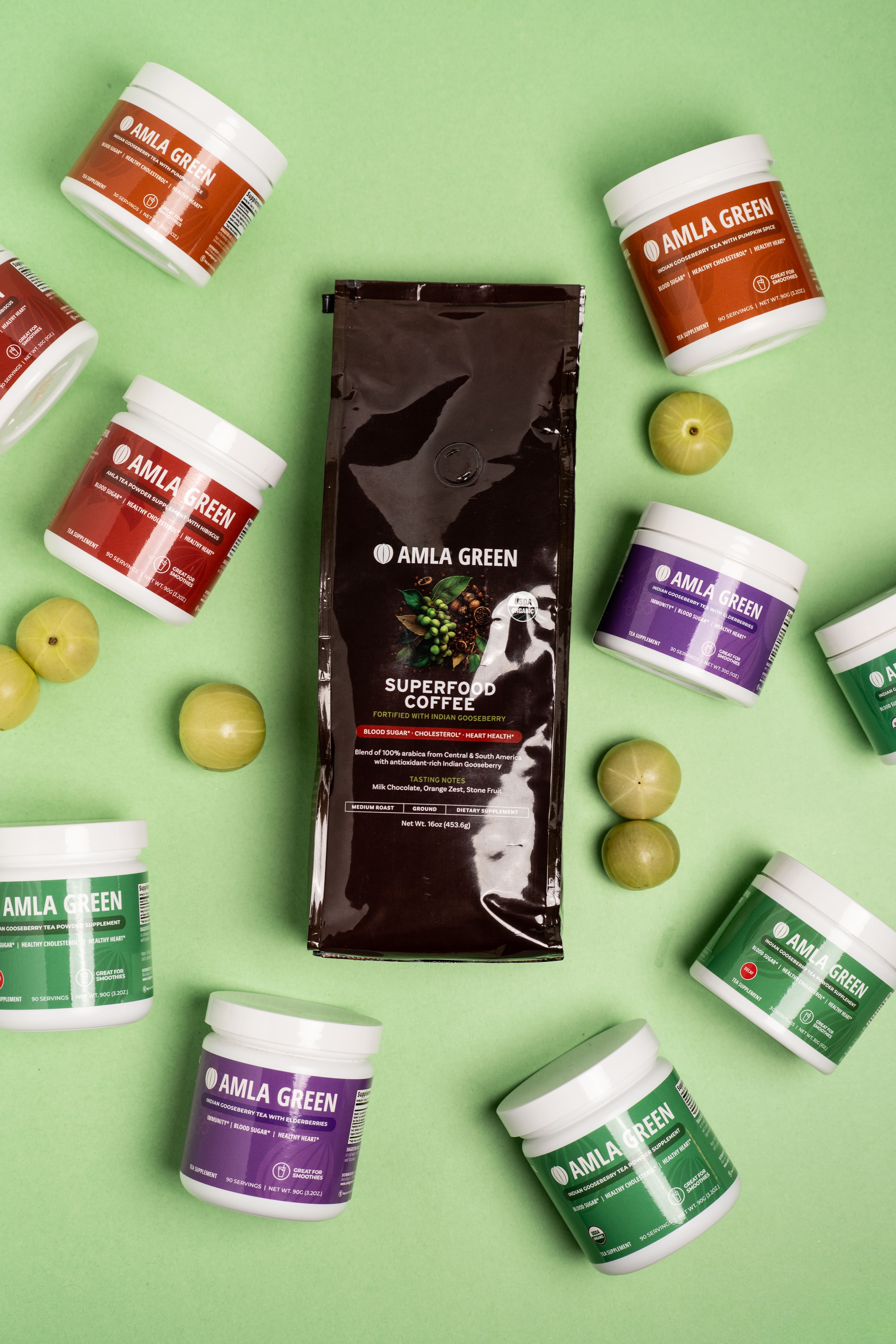 Various Amla Green products and whole berries on a green background.