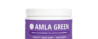 Amla Green tea container with a purple label.