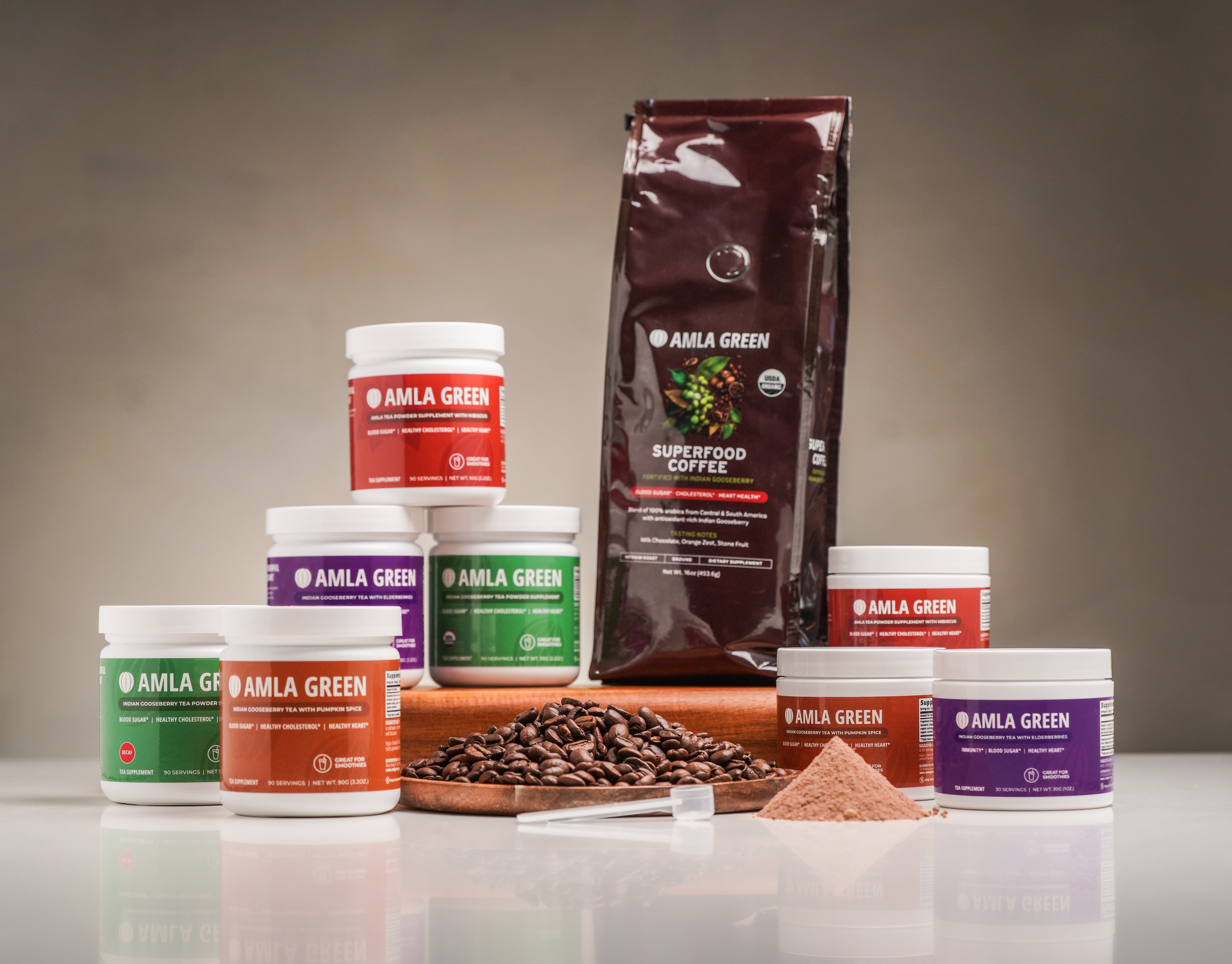 Assorted containers of Amla Green products with coffee beans and powder.
