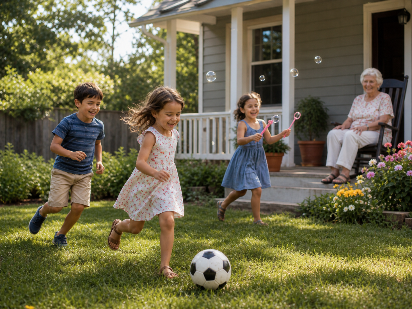 Three children play with a soccer ball and bubbles in a yard while a woman watches from the porch.