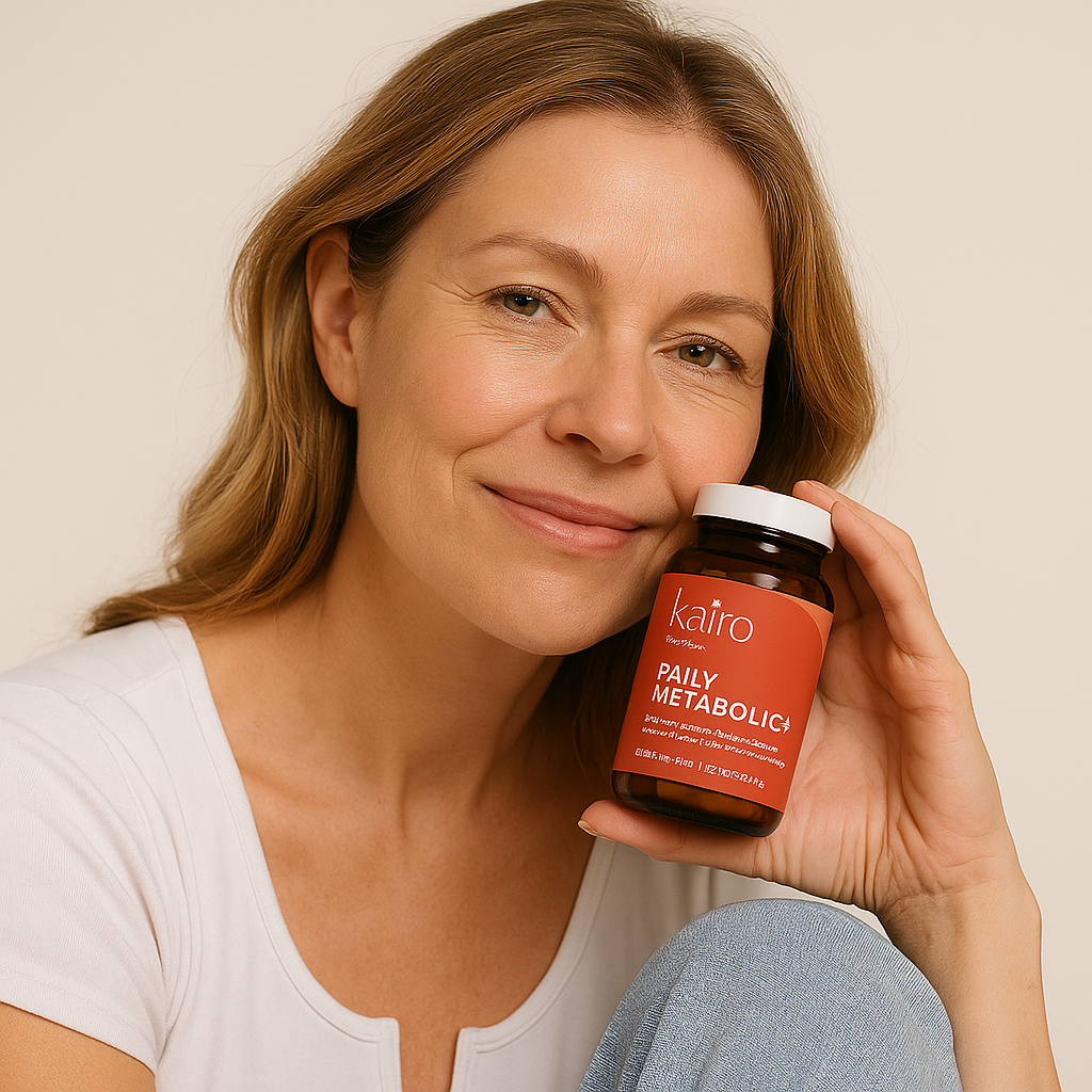 Woman smiling, holding a bottle labeled 'Kairo Daily Metabolic' close to her face.