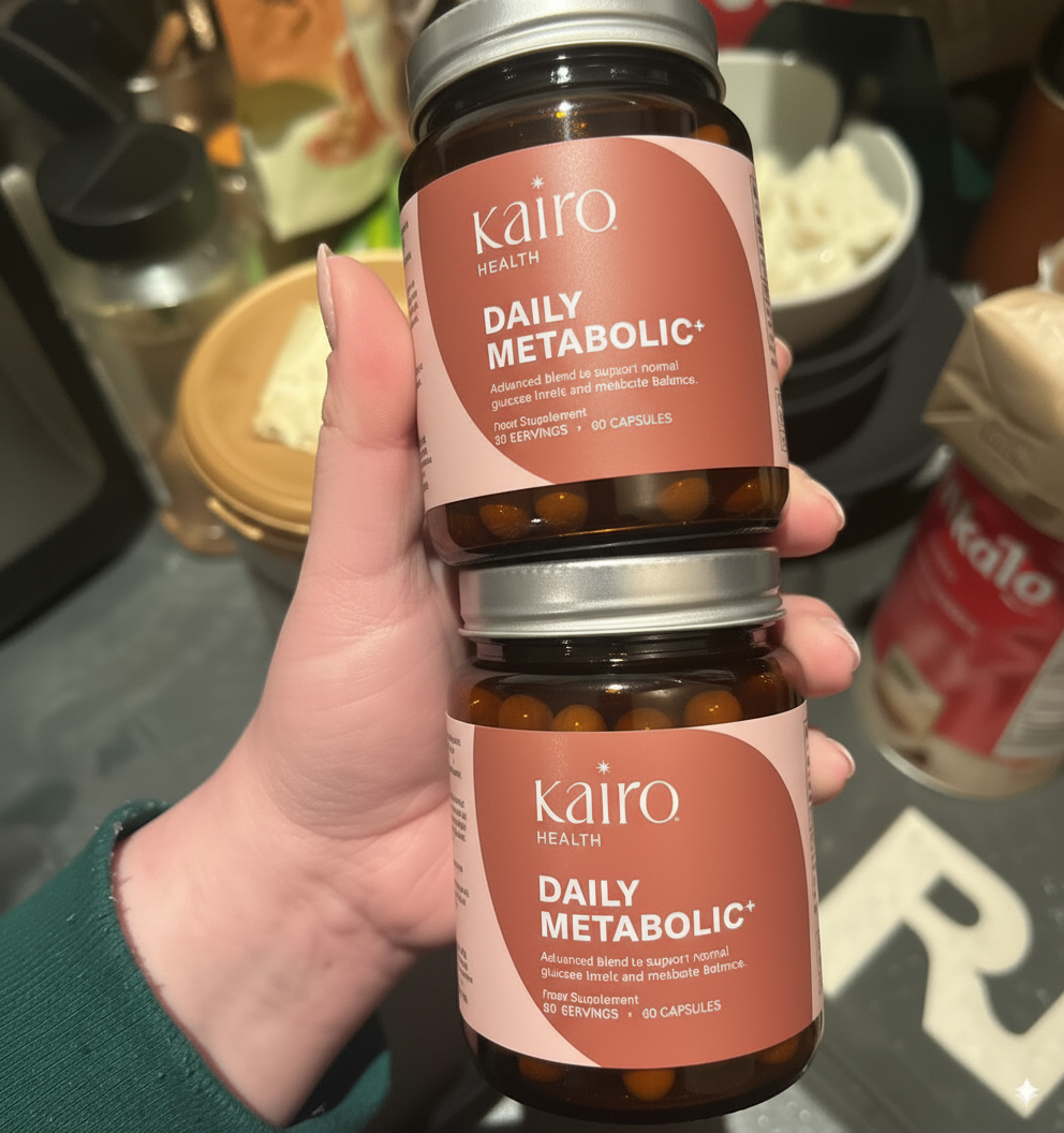 Hand holding two bottles of 'Kairo Health Daily Metabolic+' supplements.