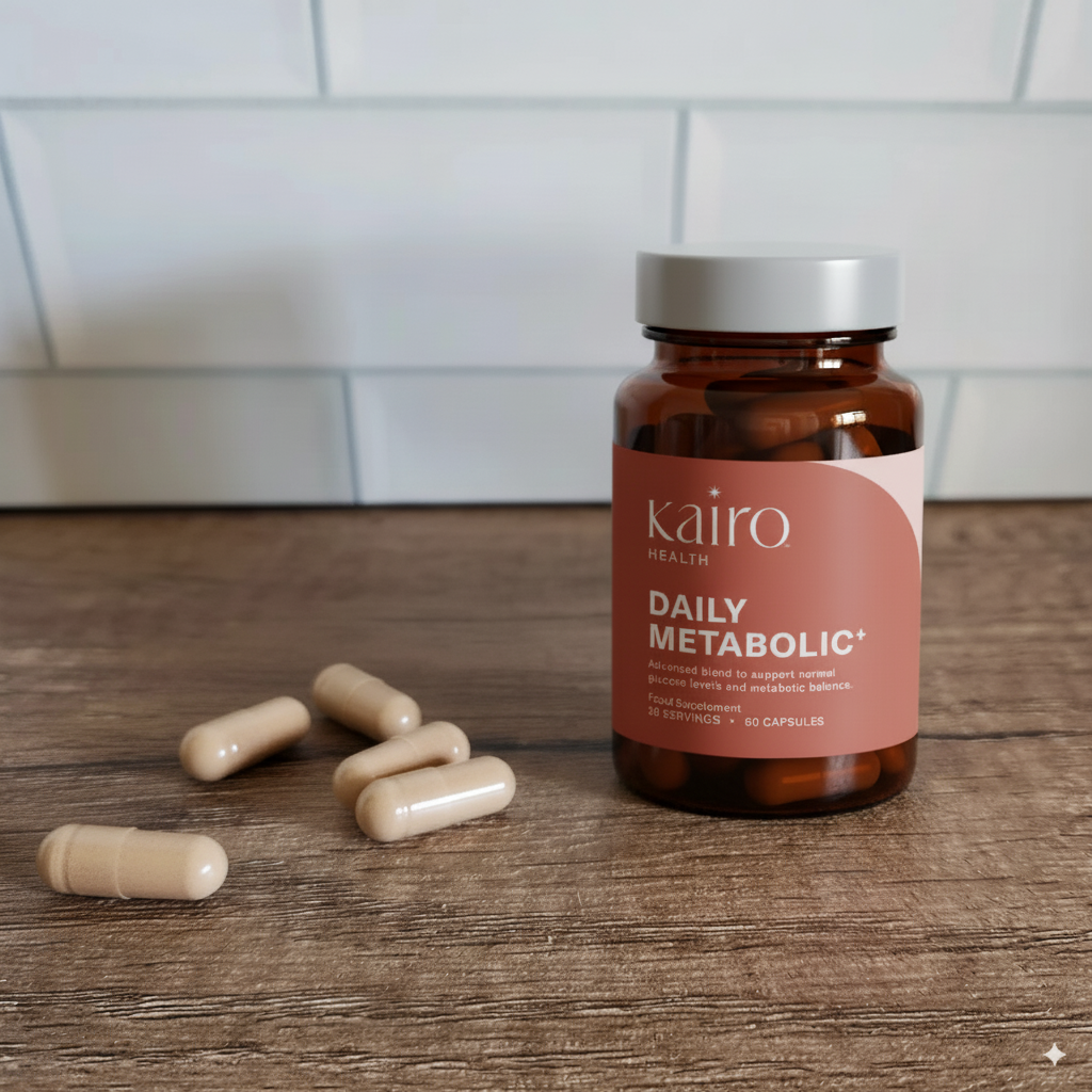 Brown bottle labeled 'Daily Metabolic+' with capsules scattered on a wooden surface.