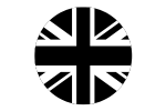 Black and white Union Jack flag in a circular shape.