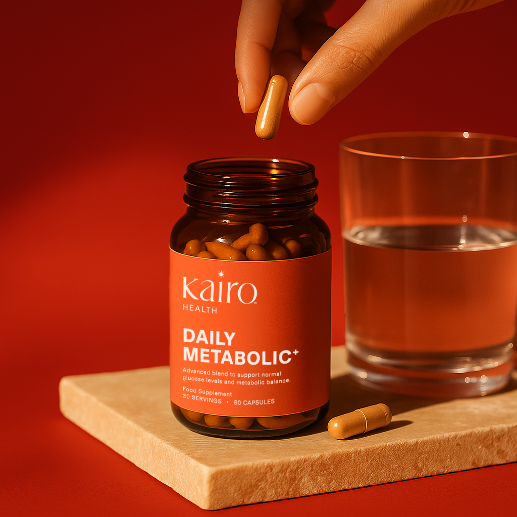 Hand holding a capsule above a supplement bottle and glass of water.