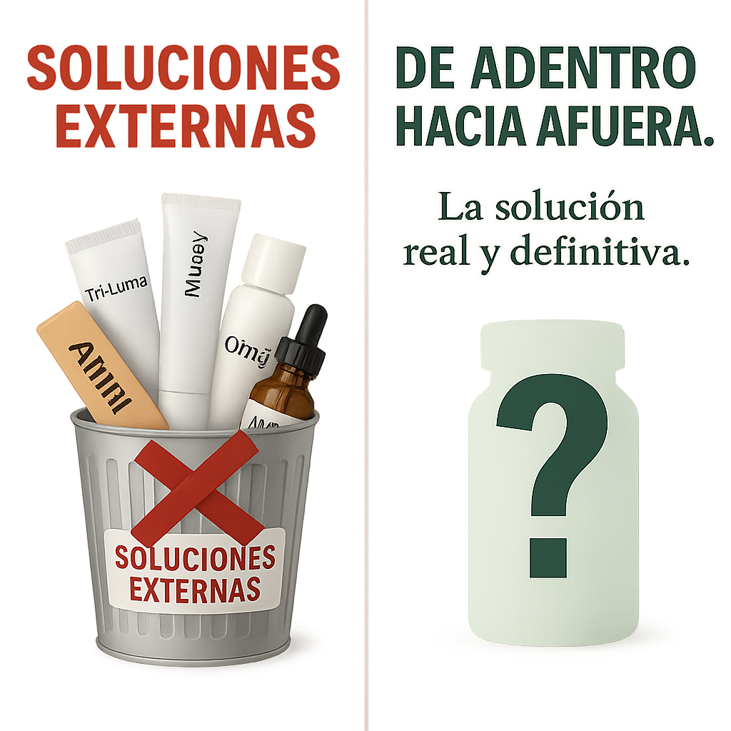 Divided image with products in a bin on the left and a question mark on a bottle on the right.