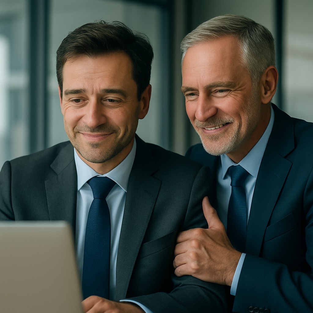 Two men in suits smiling at a laptop screen.