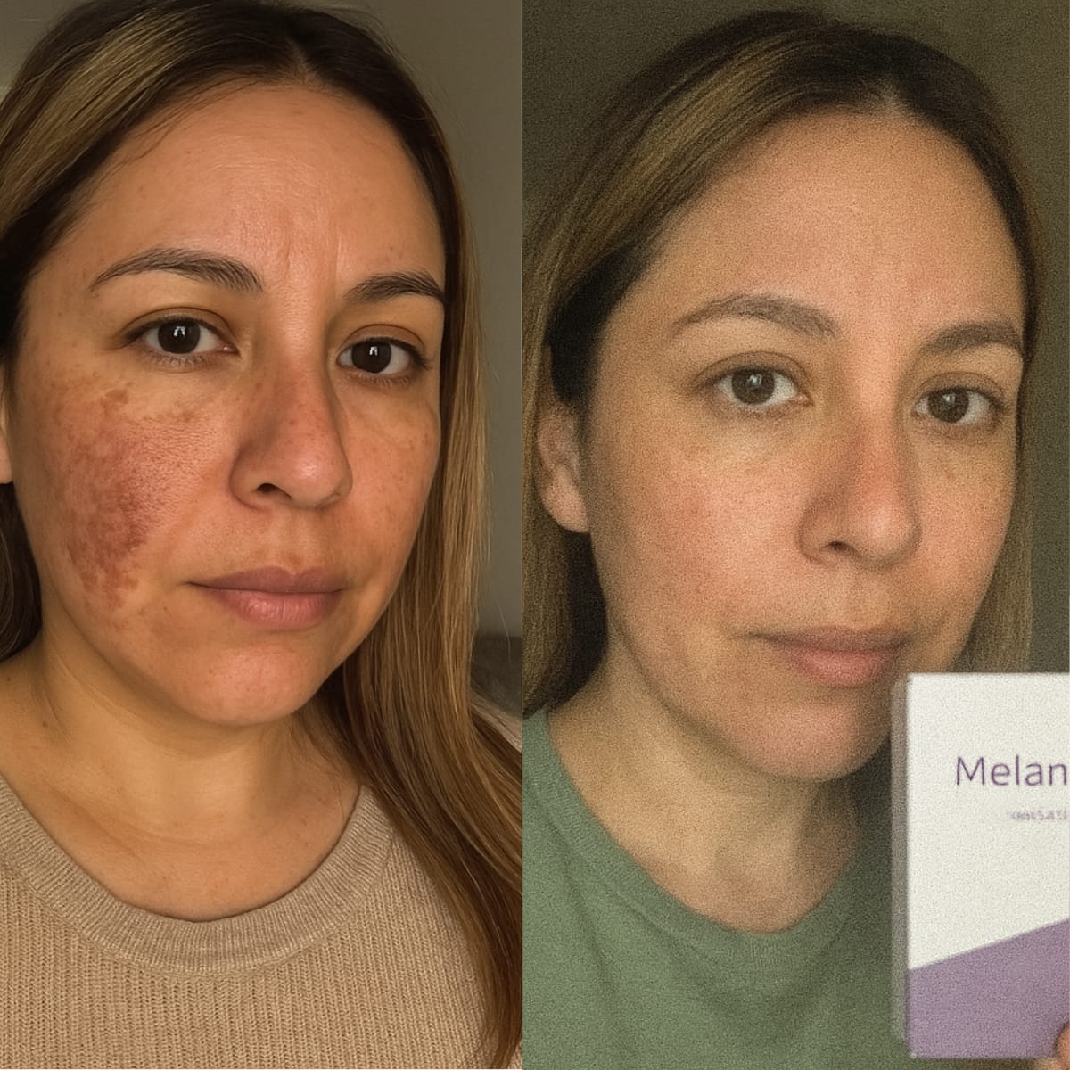 Side-by-side comparison of a woman's face before and after treatment.