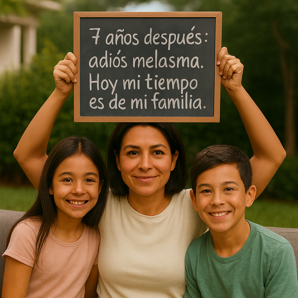 A woman holds a sign with two children beside her, smiling outdoors.