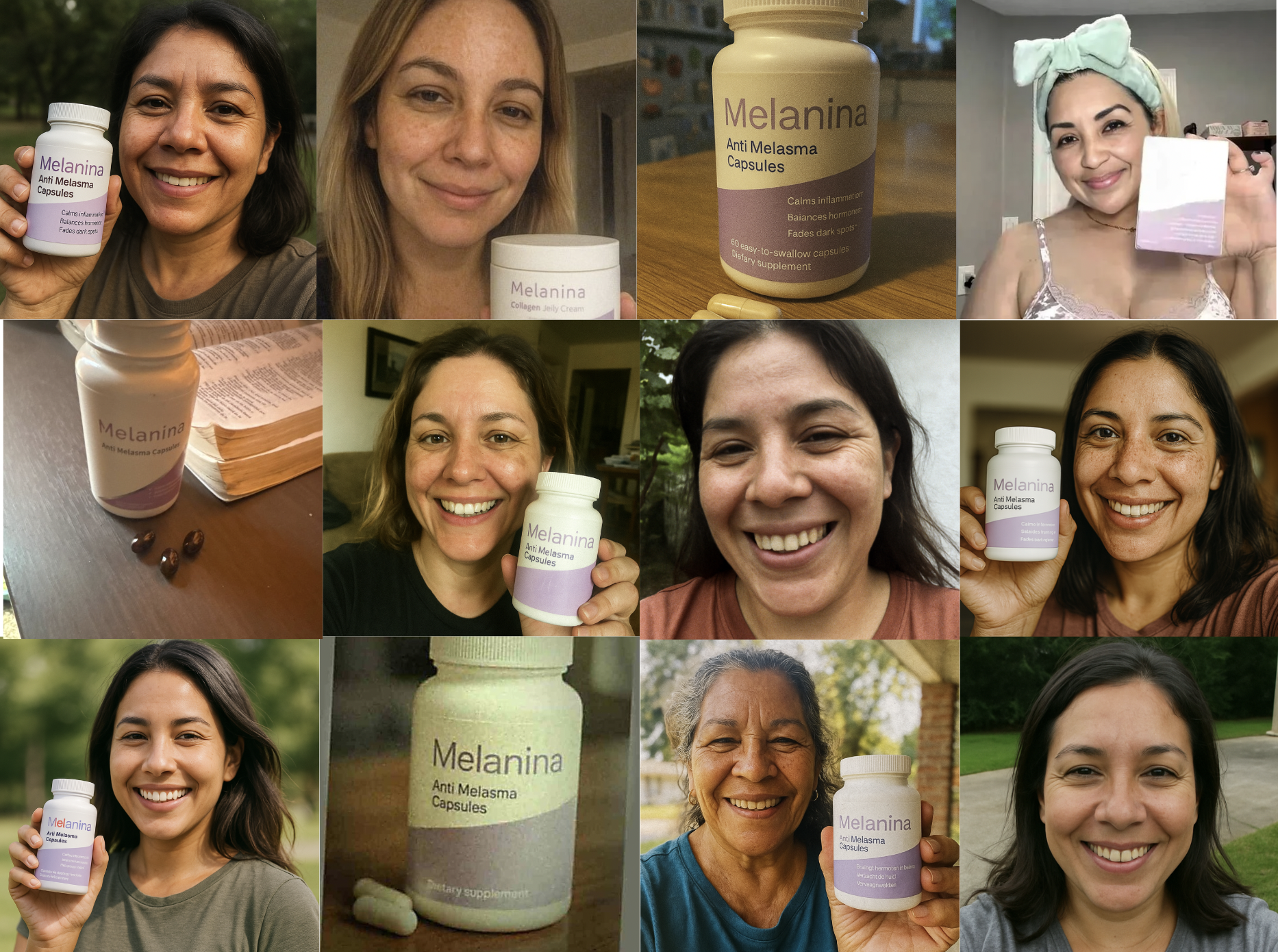 Collage of people holding Melanina anti-melasma capsules and cream containers.