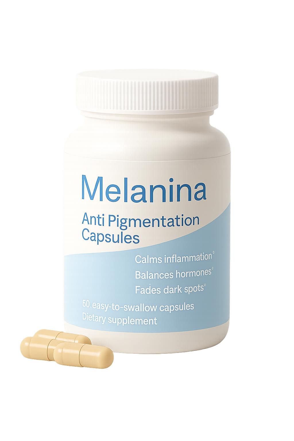 Bottle of Melanina capsules with benefits listed on the label.