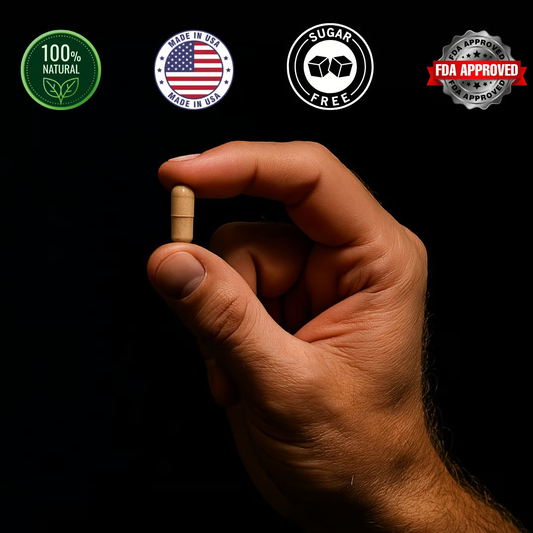 Hand holding a capsule with four approval badges above.