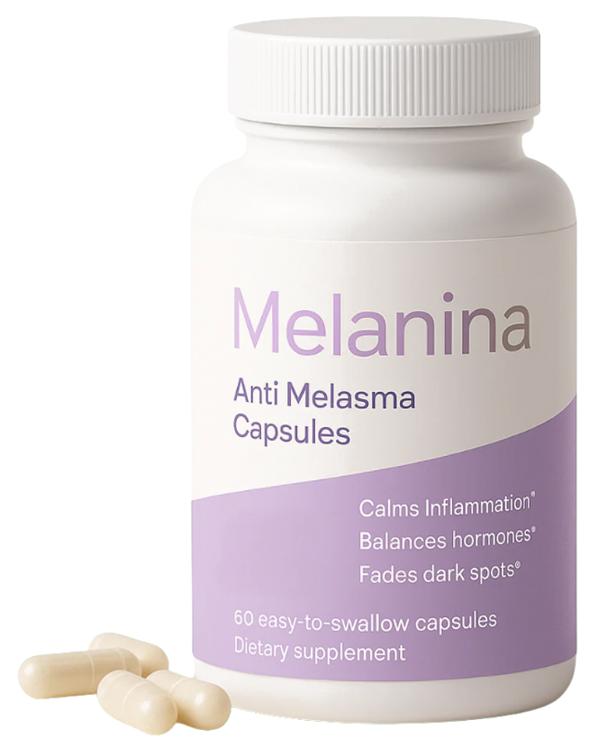 White bottle labeled 'Melanina Anti Melasma Capsules' with beige capsules beside it.