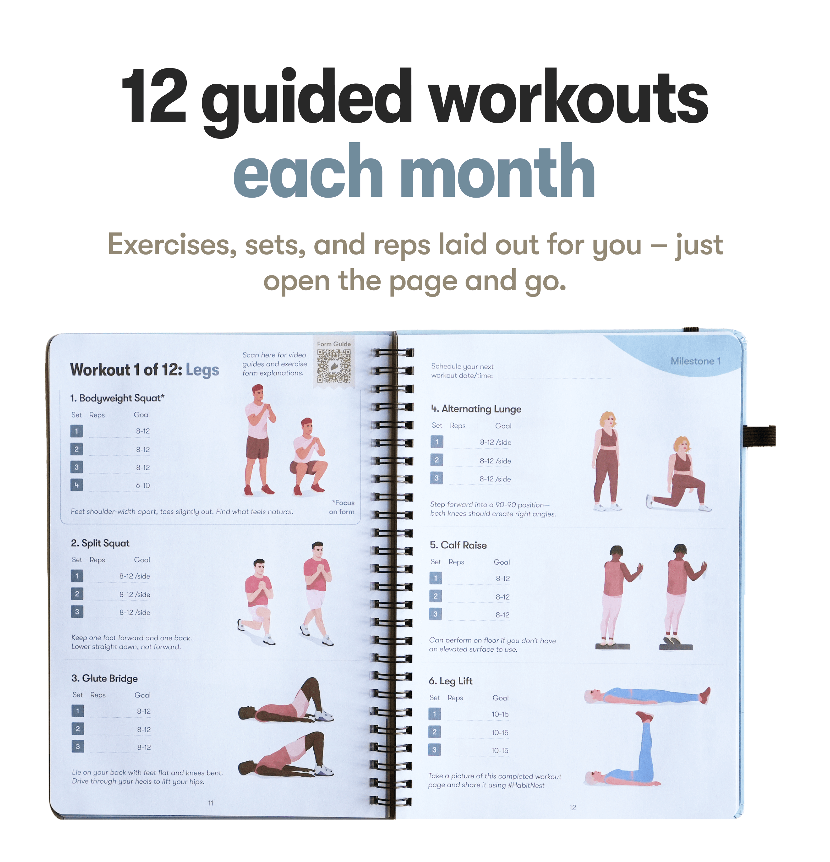Open fitness guidebook showing illustrated lower body exercises.