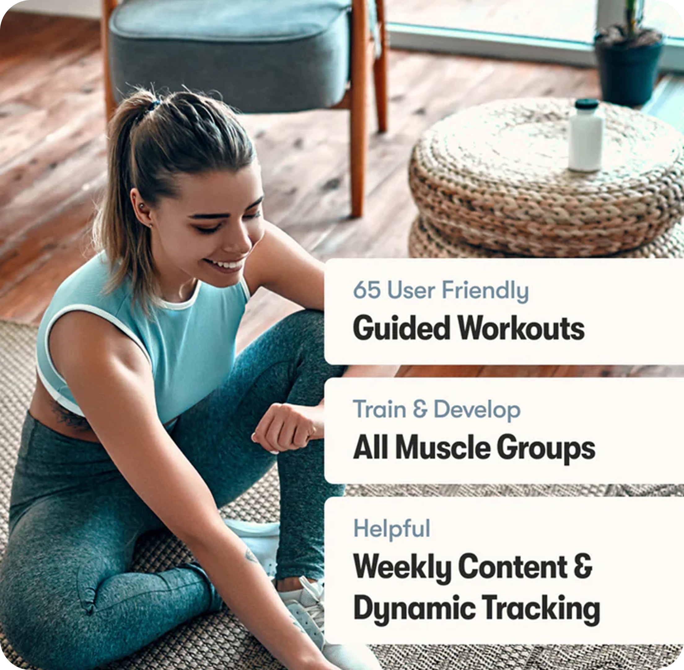 Woman in workout attire sitting on a mat with fitness text overlays.