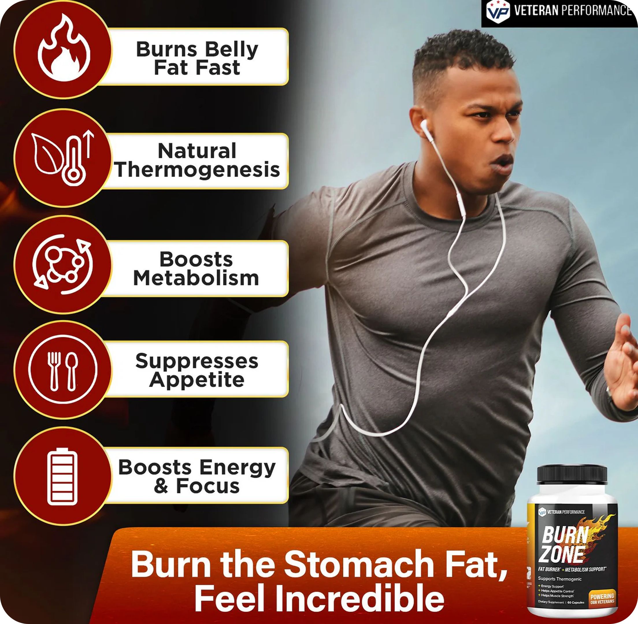 Man running with marketing text and supplement bottle on right side.