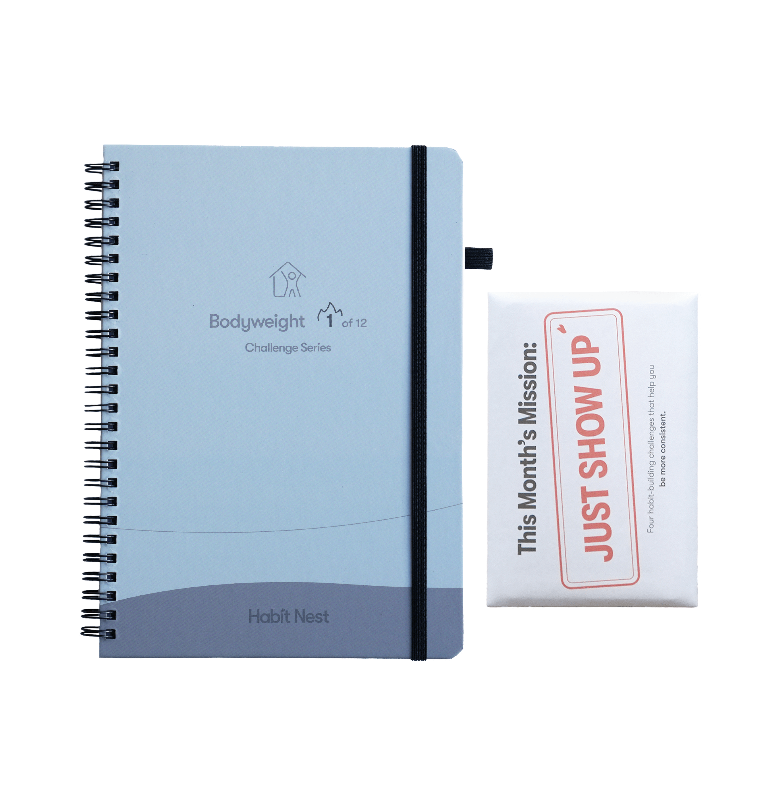 A blue spiral notebook and a white envelope labeled 'Just Show Up'.