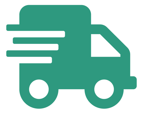 Green delivery truck icon with motion lines.