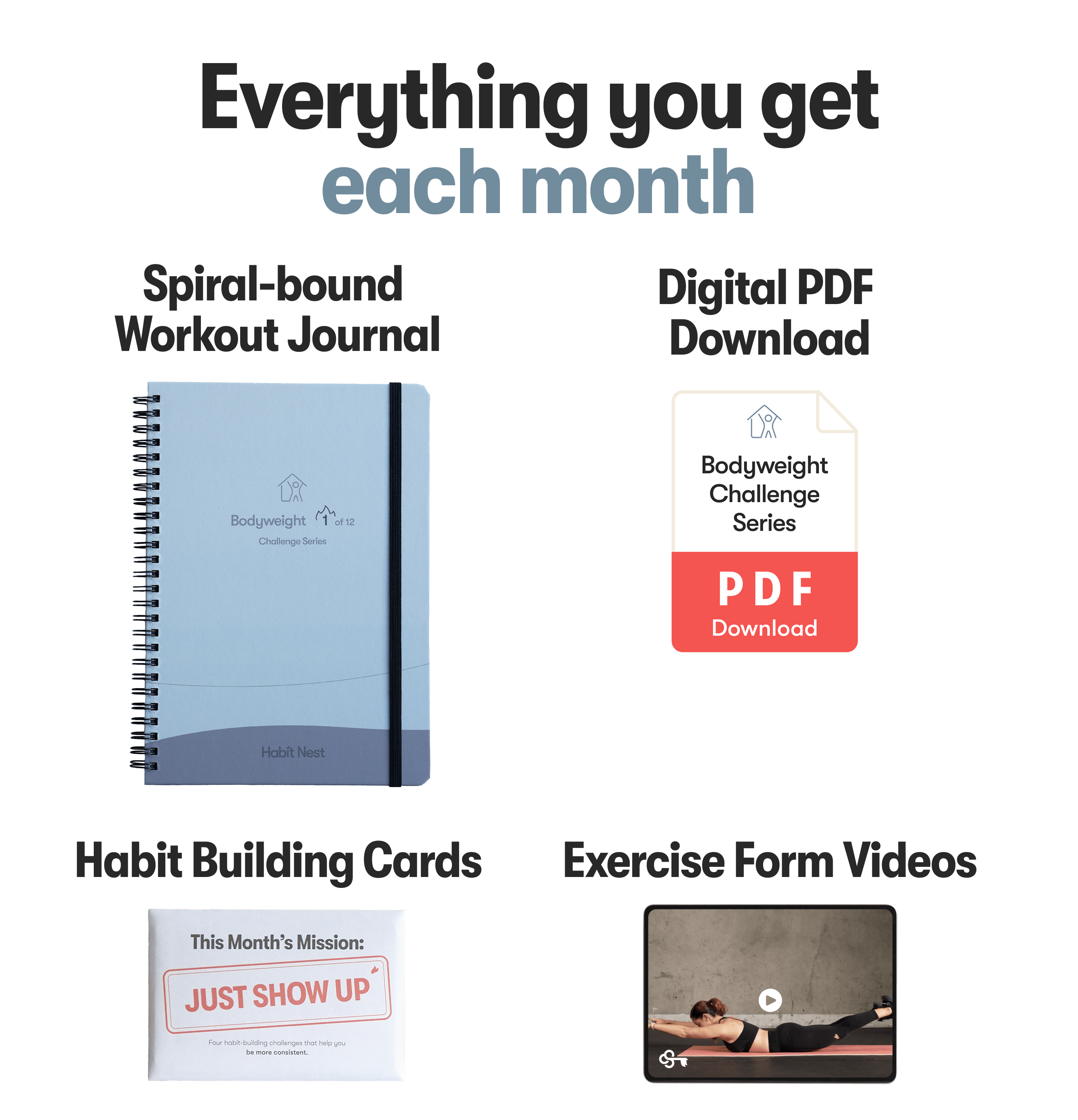 Monthly package includes journal, PDF, habit cards, and exercise videos.