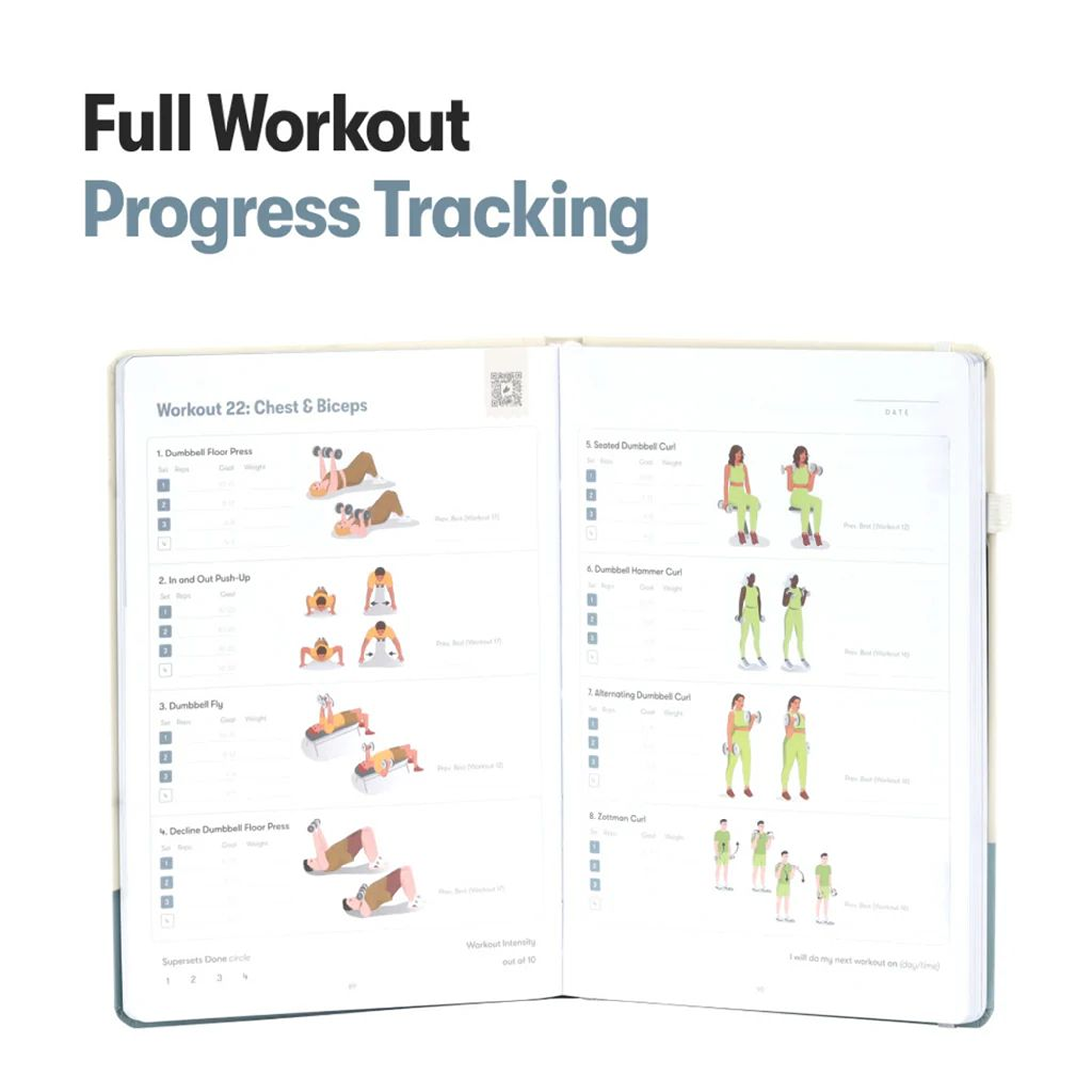 Open workout planner showing exercises for chest and biceps with illustrations.
