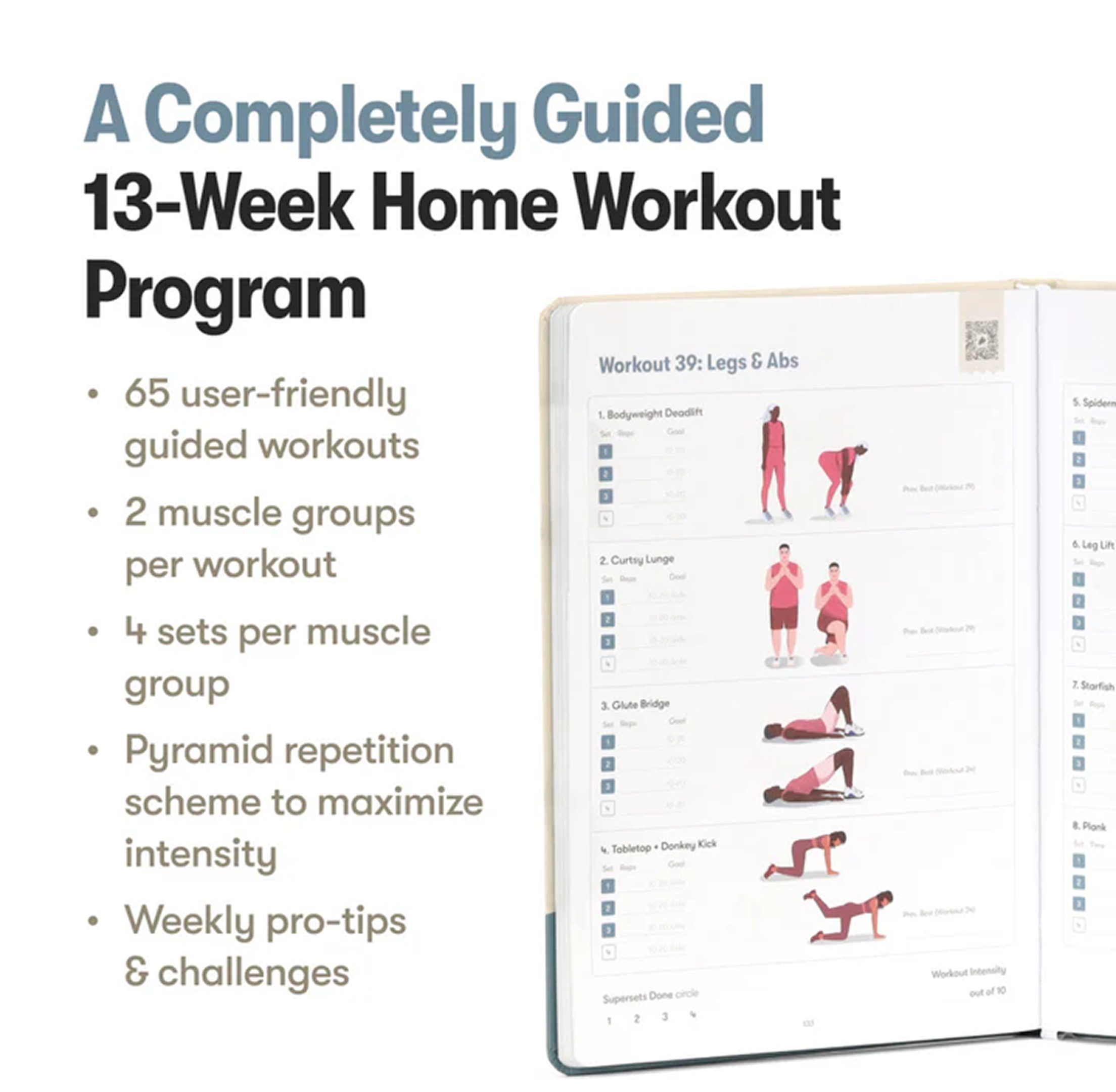 Image of a 13-week home workout program guide with exercise illustrations.