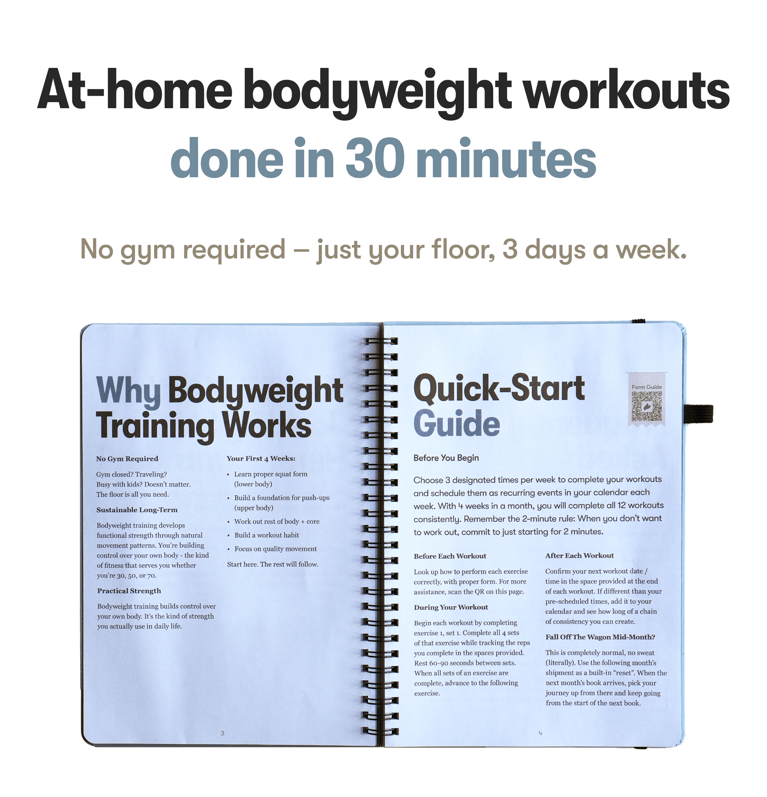 Open notebook with bodyweight workout guide text.