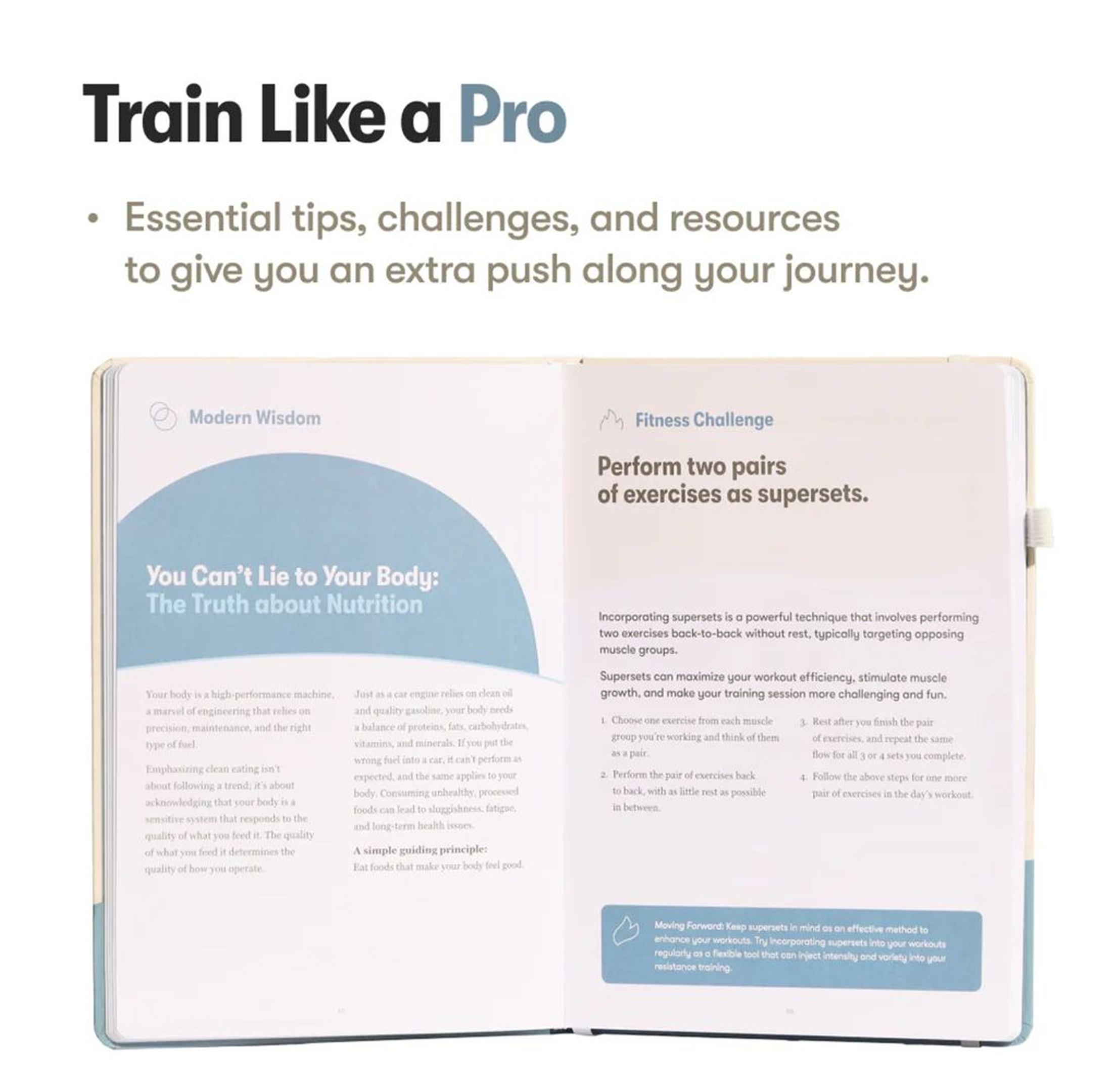Open book with fitness and nutrition tips, titled 'Train Like a Pro.'