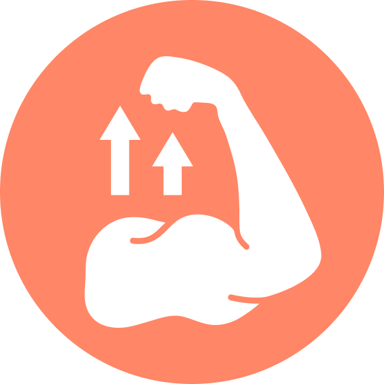 White flexed arm icon with upward arrows on orange background.