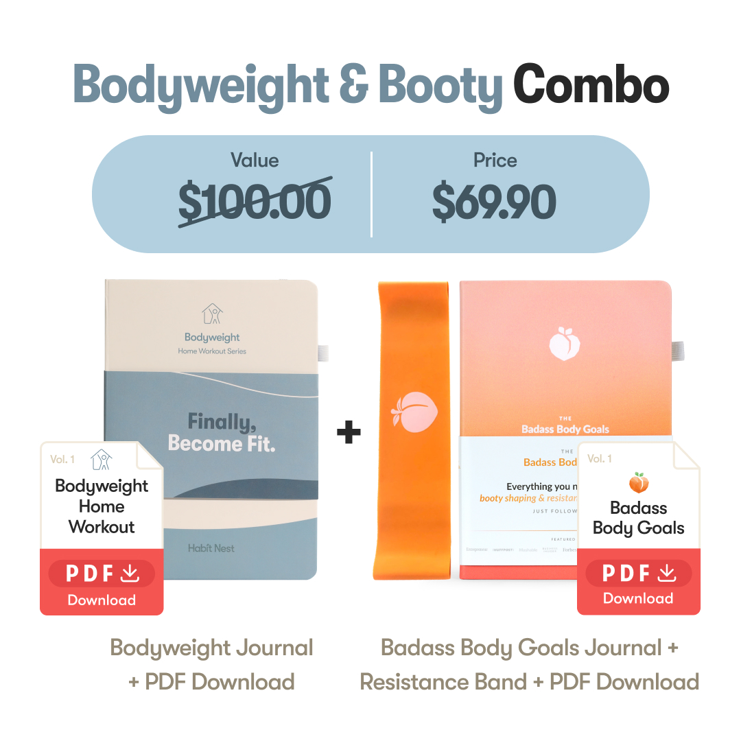 Home workout combo offer with journals and PDF downloads for $69.90.