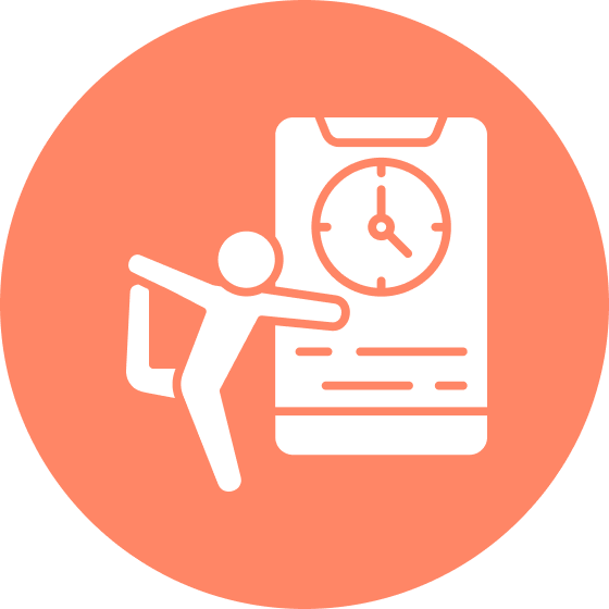 Icon of a person stretching beside a clock on a smartphone screen.