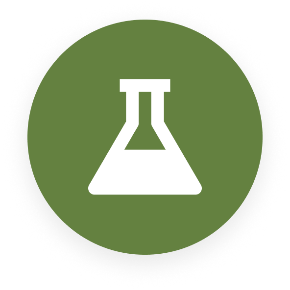 White flask icon on a green circular background.