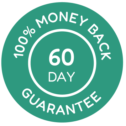 Green badge with '100% Money Back Guarantee 60 Day' text.