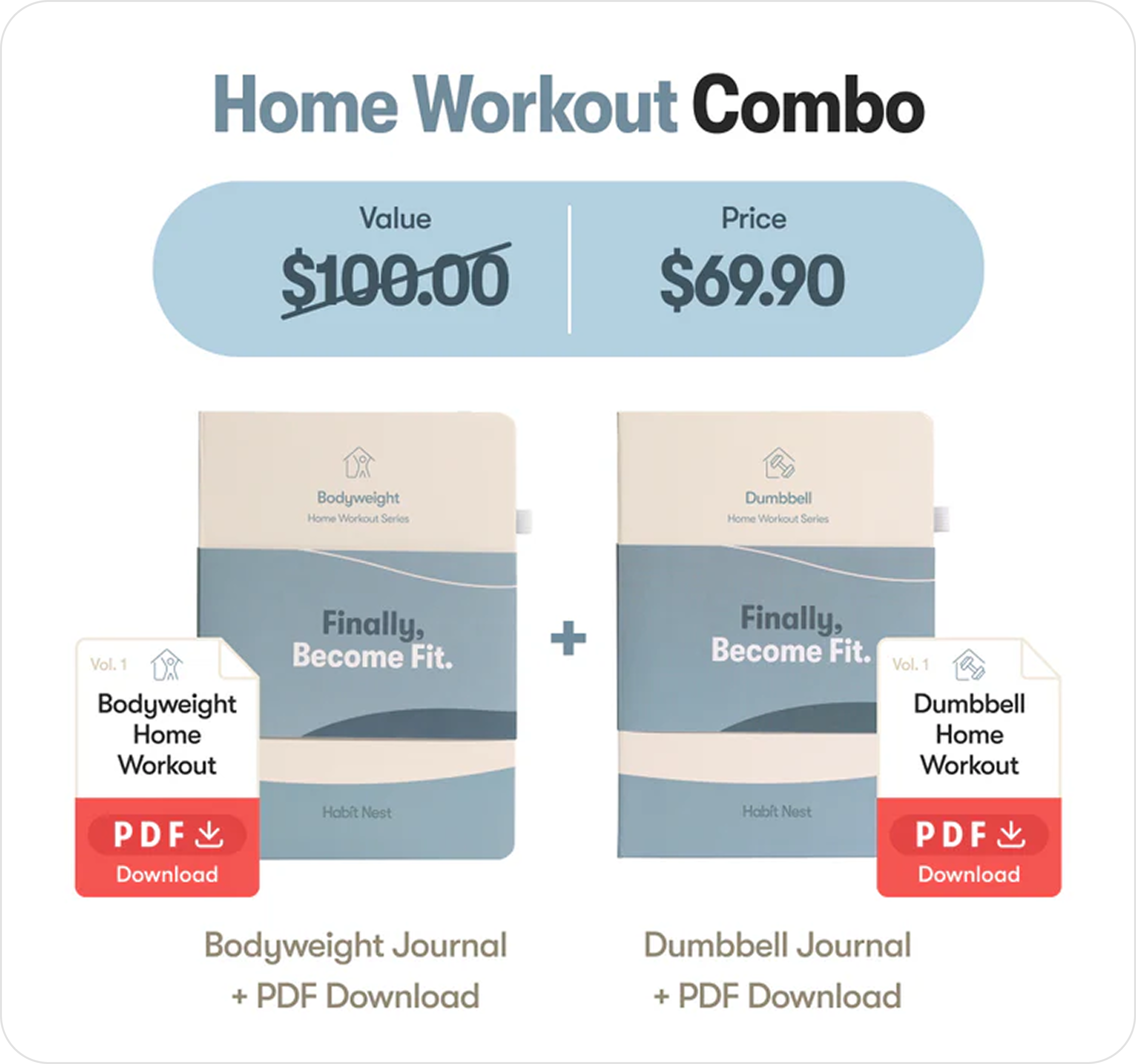 Home workout combo offer with journals and PDF downloads.