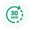 Green circular icon with a clock symbol and '30 MIN' text.