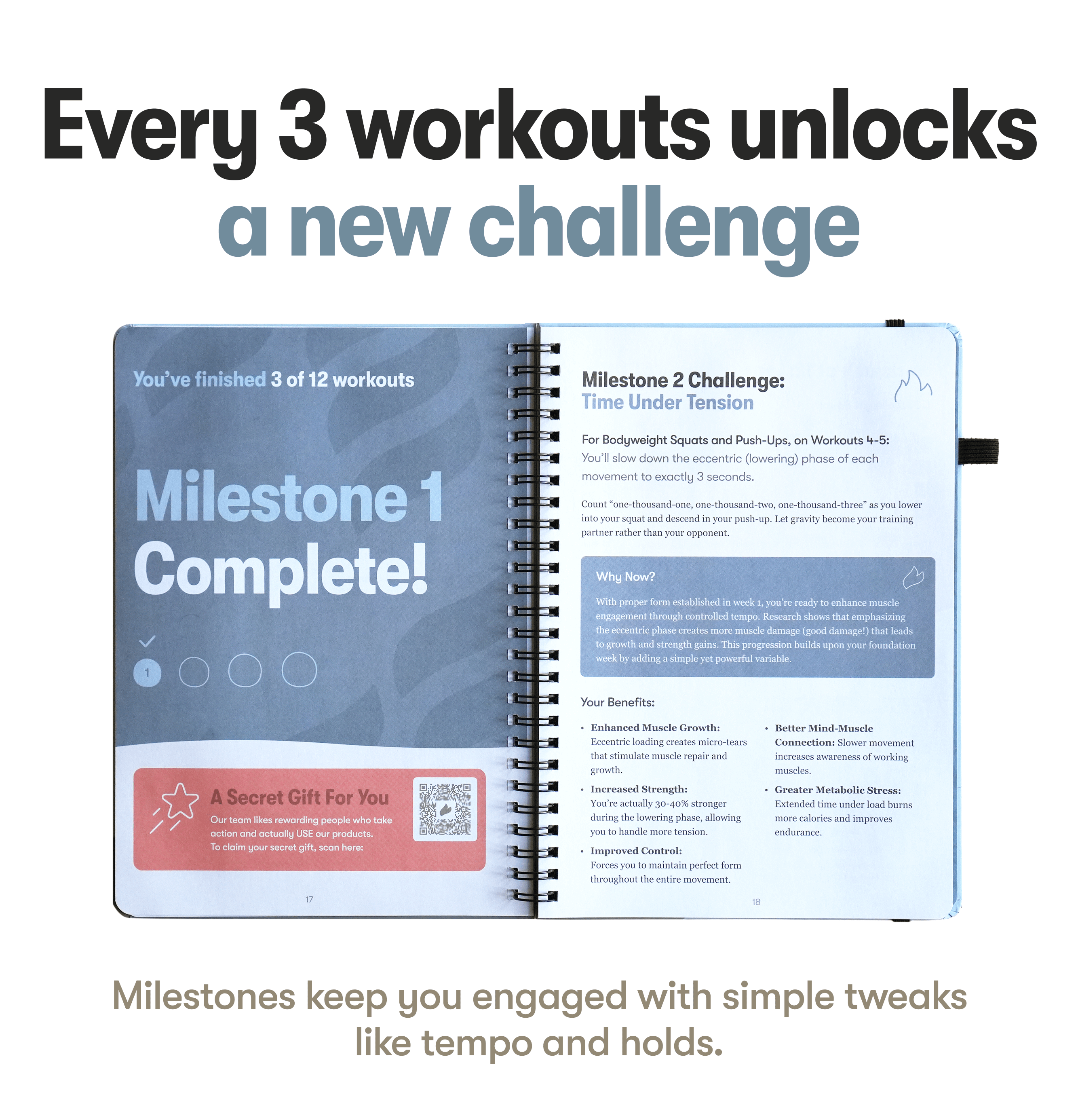 An open workout guidebook with text about milestones and challenges.