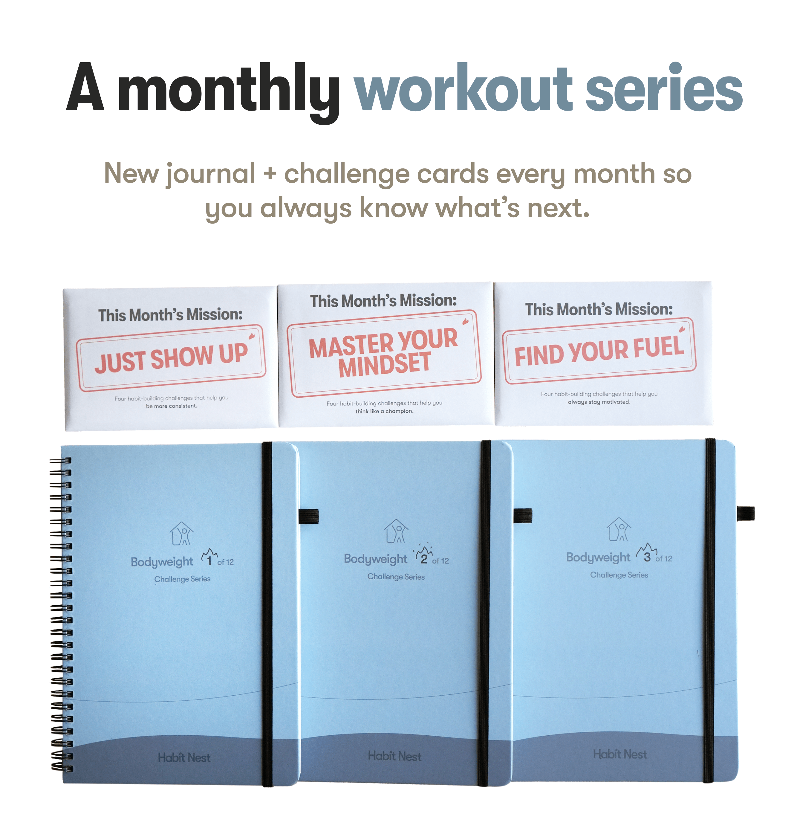 Workout journals and challenge cards for habit building.