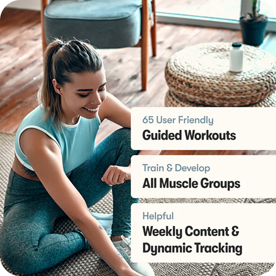 Woman in workout attire sitting on a mat with fitness text overlays.