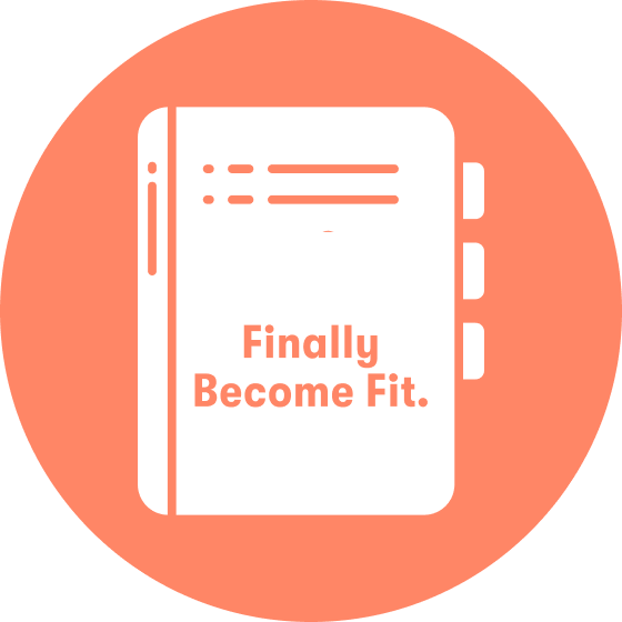 Illustration of a fitness journal with 'Finally Become Fit' text on a coral background.
