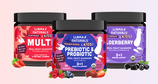 Three jars of Llama Naturals Kids gummy supplements: Multi, Prebiotic & Probiotic, and Elderberry.